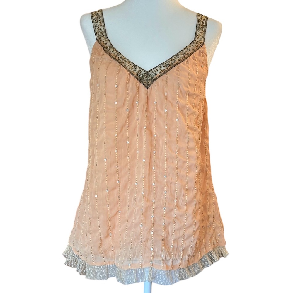 Hazel Beaded Ruched Tulle Sequin Embellished Silk Pink Orange Tank Top Large